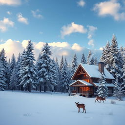 A serene winter landscape showcasing a blanket of fresh snow covering tall pine trees, with soft, fluffy clouds in a bright blue sky