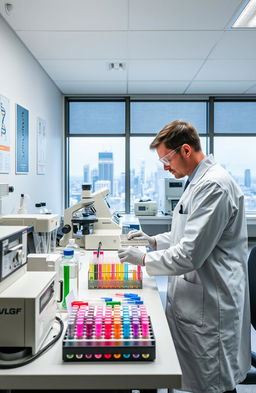 A scientist in a modern laboratory, engrossed in conducting DNA experiments