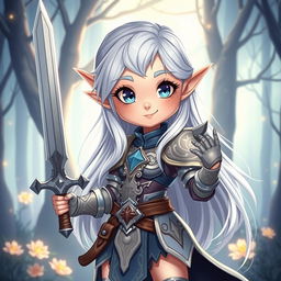 A cute high moon elf fighter from Dungeons and Dragons, designed with delicate features and pointed ears characteristic of elves