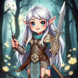 A cute high moon elf fighter from Dungeons and Dragons, designed with delicate features and pointed ears characteristic of elves
