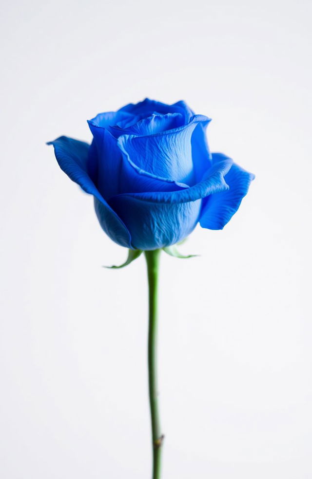 A single, vibrant blue rose with intricate petal details, placed elegantly in the center of a plain, soft-focus background that enhances the rose's beauty, showcasing its rich blue color and delicate texture