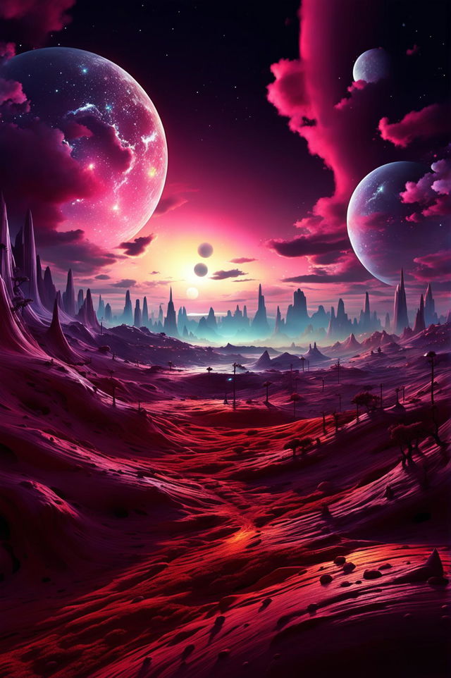 A high-quality digital art piece depicting a surreal alien landscape under a multicolored sunset with multiple suns