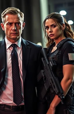 A male prosecutor in a sleek, tailored suit, looking intensely focused as he stands next to a strong, fierce female member of a special operations unit, dressed in tactical gear