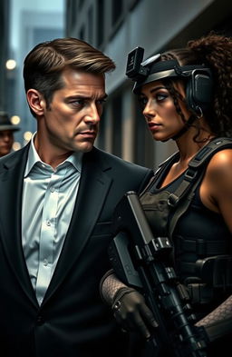 A male prosecutor in a sleek, tailored suit, looking intensely focused as he stands next to a strong, fierce female member of a special operations unit, dressed in tactical gear