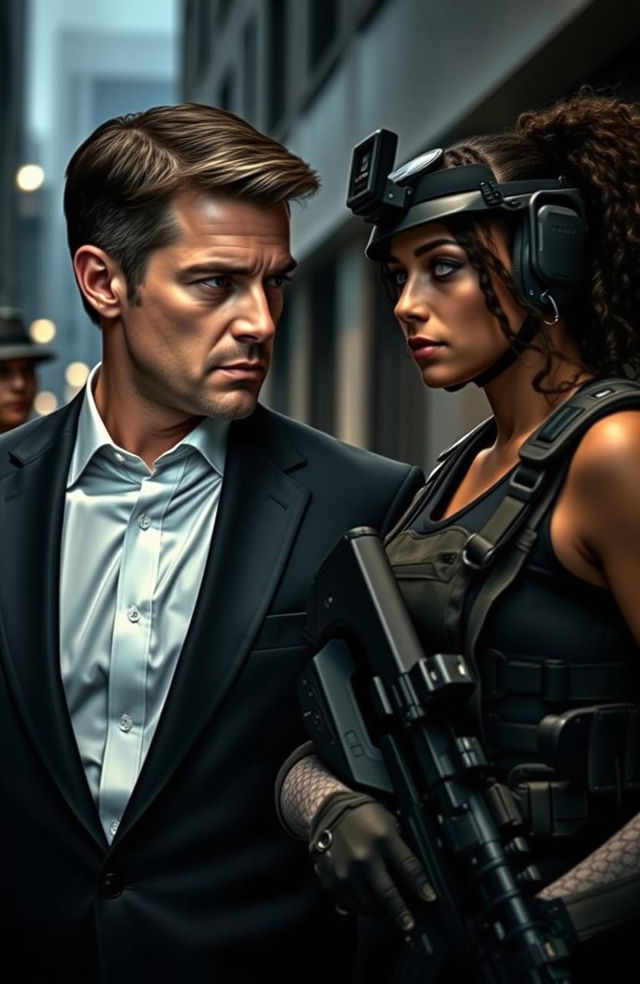 A male prosecutor in a sleek, tailored suit, looking intensely focused as he stands next to a strong, fierce female member of a special operations unit, dressed in tactical gear