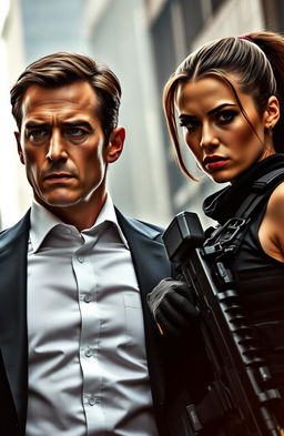 A male prosecutor in a sleek, tailored suit, looking intensely focused as he stands next to a strong, fierce female member of a special operations unit, dressed in tactical gear