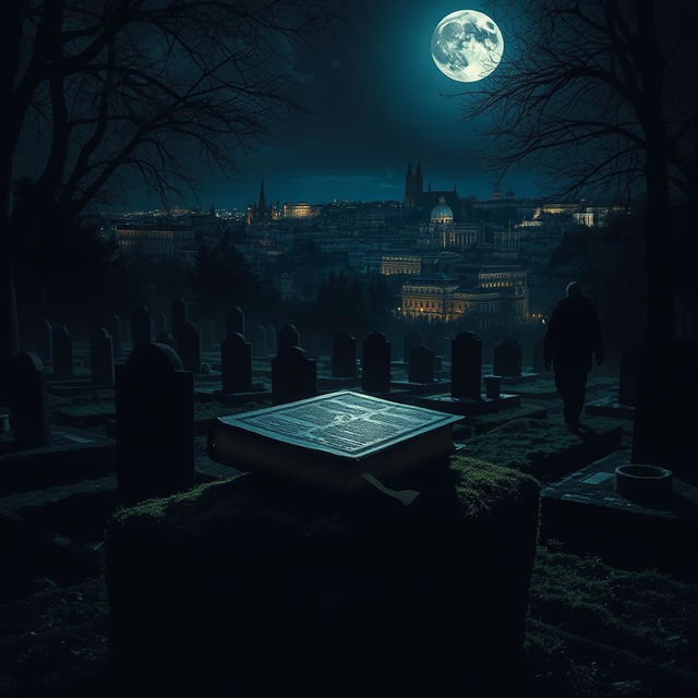 A captivating nighttime scene of a mysterious cemetery, where ancient tombs are scattered among the shadows