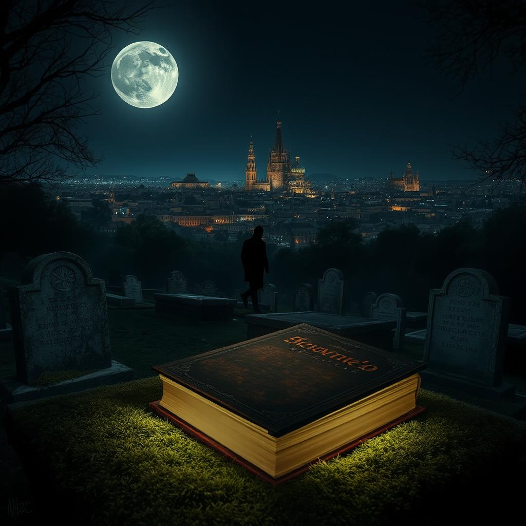 A captivating nighttime scene of a mysterious cemetery, where ancient tombs are scattered among the shadows