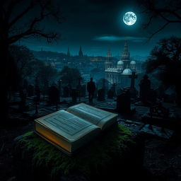 A captivating nighttime scene of a mysterious cemetery, where ancient tombs are scattered among the shadows