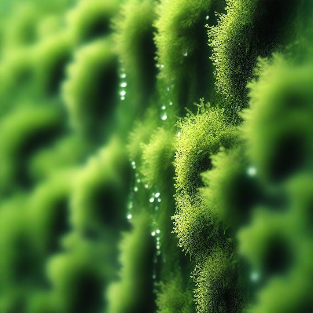 A tranquil, high-resolution digital art image of a moss wall, depicted in various shades of green