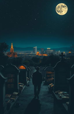 A mysterious night scene in a cemetery, featuring unique grave tombstone apartments overflowing with books