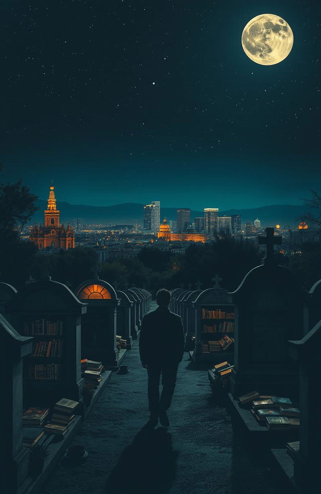 A mysterious night scene in a cemetery, featuring unique grave tombstone apartments overflowing with books