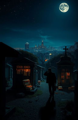 A mysterious night scene in a cemetery, featuring unique grave tombstone apartments overflowing with books