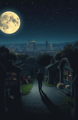 A mysterious night scene in a cemetery, featuring unique grave tombstone apartments overflowing with books