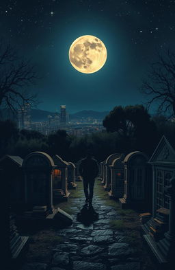 A mysterious night scene in a cemetery, featuring unique grave tombstone apartments overflowing with books