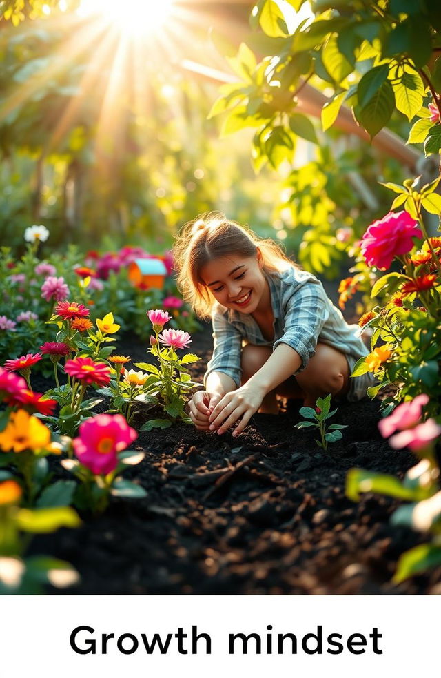 A serene and inspiring scene depicting a person in a lush garden, joyfully tending to vibrant plants and flowers, symbolizing personal growth and development with a focus on positivity