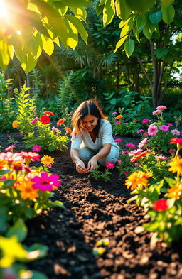 A serene and inspiring scene depicting a person in a lush garden, joyfully tending to vibrant plants and flowers, symbolizing personal growth and development with a focus on positivity