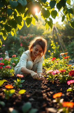 A serene and inspiring scene depicting a person in a lush garden, joyfully tending to vibrant plants and flowers, symbolizing personal growth and development with a focus on positivity