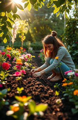 A serene and inspiring scene depicting a person in a lush garden, joyfully tending to vibrant plants and flowers, symbolizing personal growth and development with a focus on positivity
