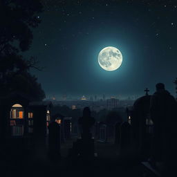 A captivating night scene in a cemetery, featuring innovative grave tombstone apartments that are filled with books