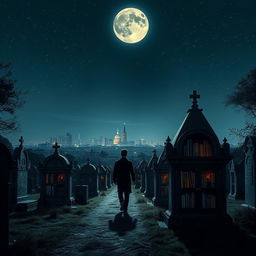 A captivating night scene in a cemetery, featuring innovative grave tombstone apartments that are filled with books