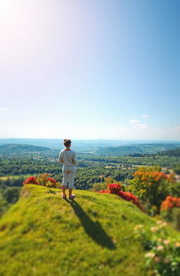 A serene and inspiring scene depicting a person standing on a lush hilltop overlooking a vast landscape of flourishing nature, symbolizing growth and positivity