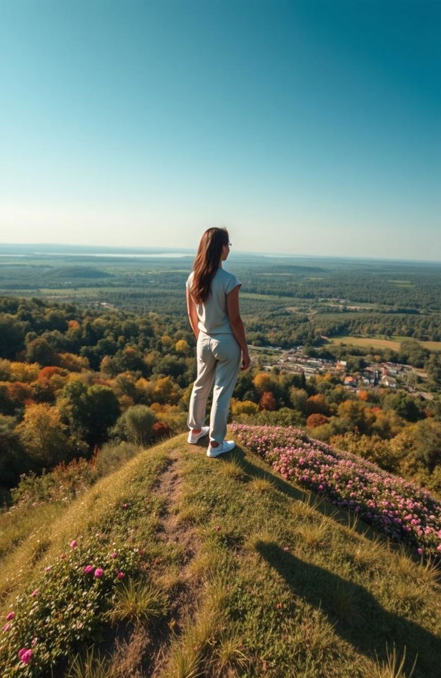 A serene and inspiring scene depicting a person standing on a lush hilltop overlooking a vast landscape of flourishing nature, symbolizing growth and positivity