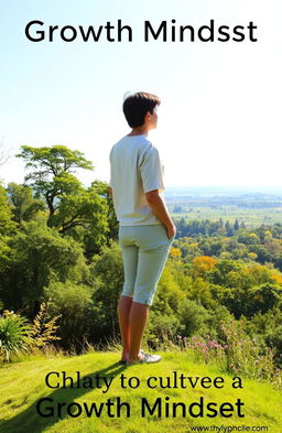 A serene and inspiring scene depicting a person standing on a lush hilltop overlooking a vast landscape of flourishing nature, symbolizing growth and positivity