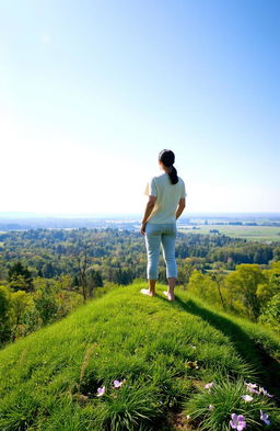 A serene and inspiring scene depicting a person standing on a lush hilltop overlooking a vast landscape of flourishing nature, symbolizing growth and positivity