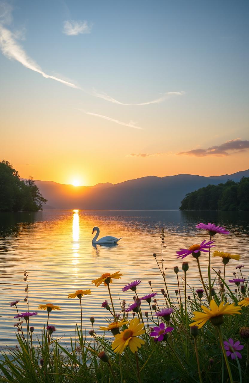 A serene landscape depicting a tranquil evening by a lake, the sun setting on the horizon casting warm golden hues across the sky, gentle ripples reflecting the colors in the water, surrounded by lush green trees and distant mountains