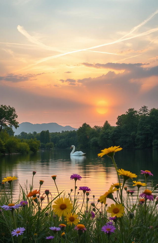 A serene landscape depicting a tranquil evening by a lake, the sun setting on the horizon casting warm golden hues across the sky, gentle ripples reflecting the colors in the water, surrounded by lush green trees and distant mountains