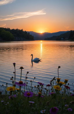 A serene landscape depicting a tranquil evening by a lake, the sun setting on the horizon casting warm golden hues across the sky, gentle ripples reflecting the colors in the water, surrounded by lush green trees and distant mountains