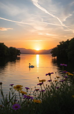 A serene landscape depicting a tranquil evening by a lake, the sun setting on the horizon casting warm golden hues across the sky, gentle ripples reflecting the colors in the water, surrounded by lush green trees and distant mountains