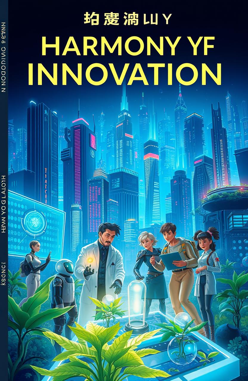 A book cover design featuring a futuristic cityscape that integrates elements of advanced technology and organic life