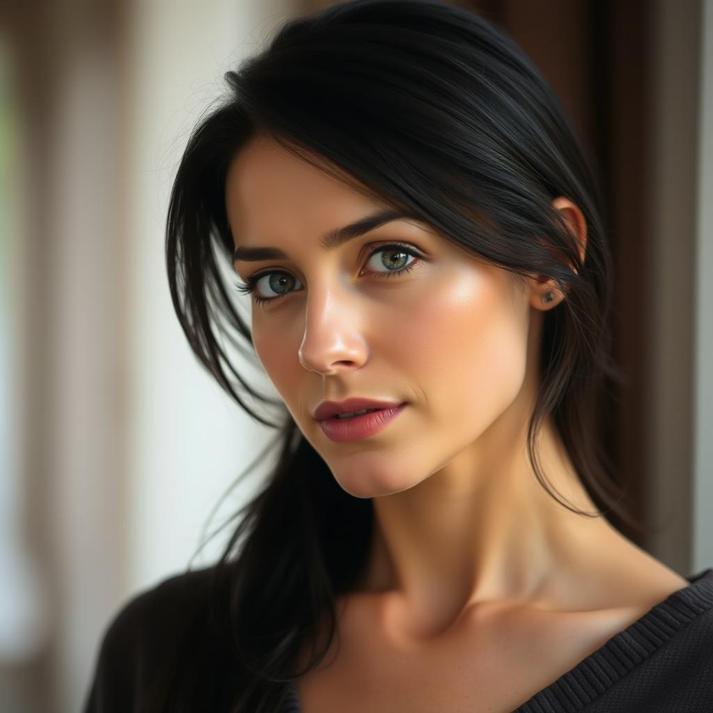 A natural-looking woman aged between 30 to 40 years old with dark hair and European features