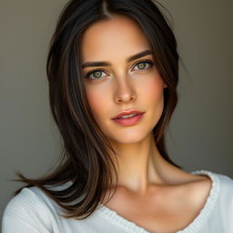A natural-looking woman aged between 30 to 40 years old with dark hair and European features