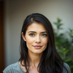 A natural-looking woman aged between 30 to 40 years old with dark hair and European features