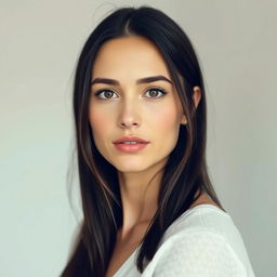 A natural-looking woman aged between 30 to 40 years old with dark hair and European features