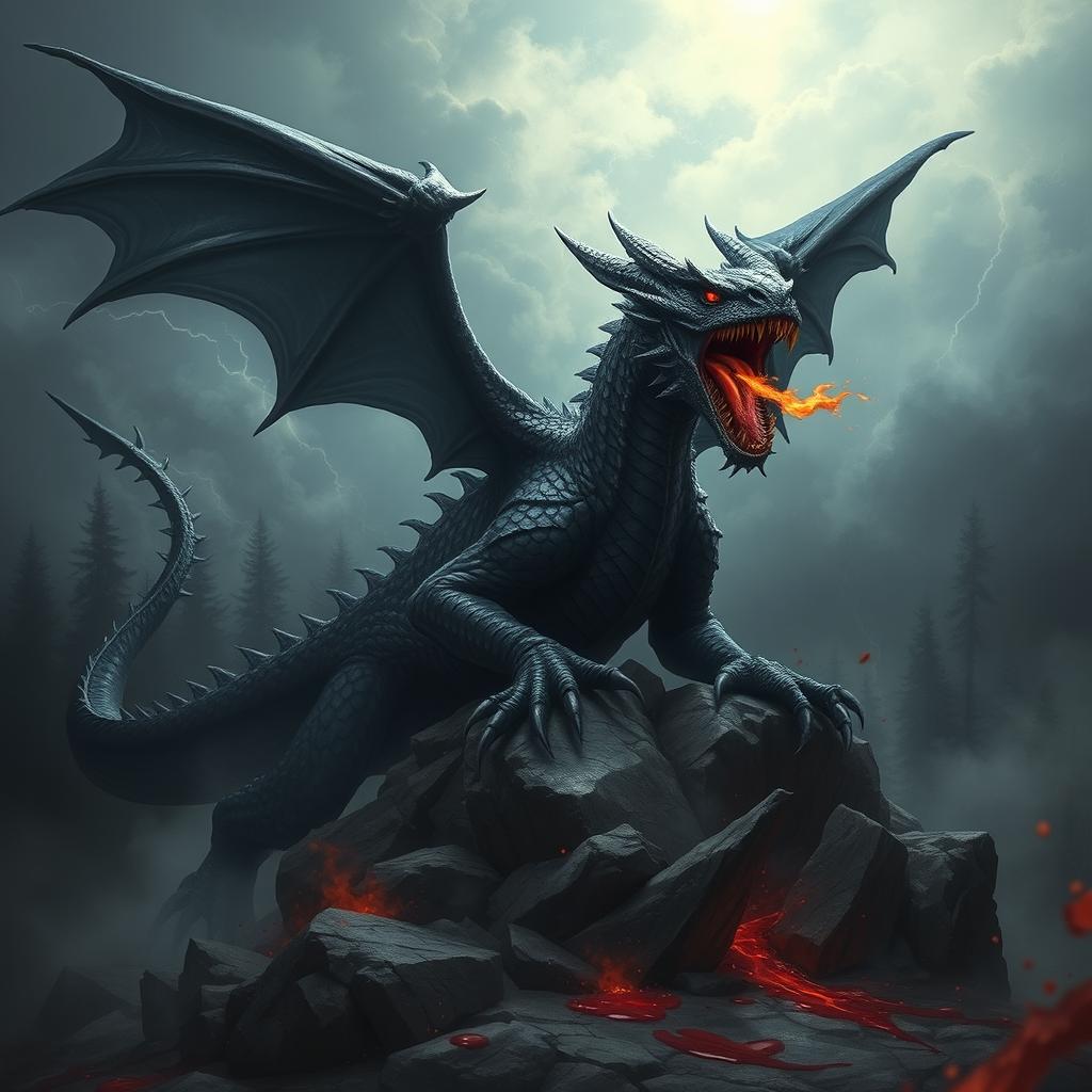 An imposing adult black dragon with shimmering scales, featuring menacing red eyes and large, outstretched wings