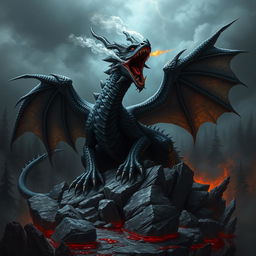 An imposing adult black dragon with shimmering scales, featuring menacing red eyes and large, outstretched wings