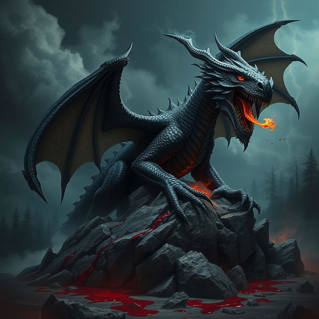 An imposing adult black dragon with shimmering scales, featuring menacing red eyes and large, outstretched wings