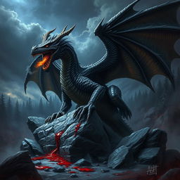 An imposing adult black dragon with shimmering scales, featuring menacing red eyes and large, outstretched wings