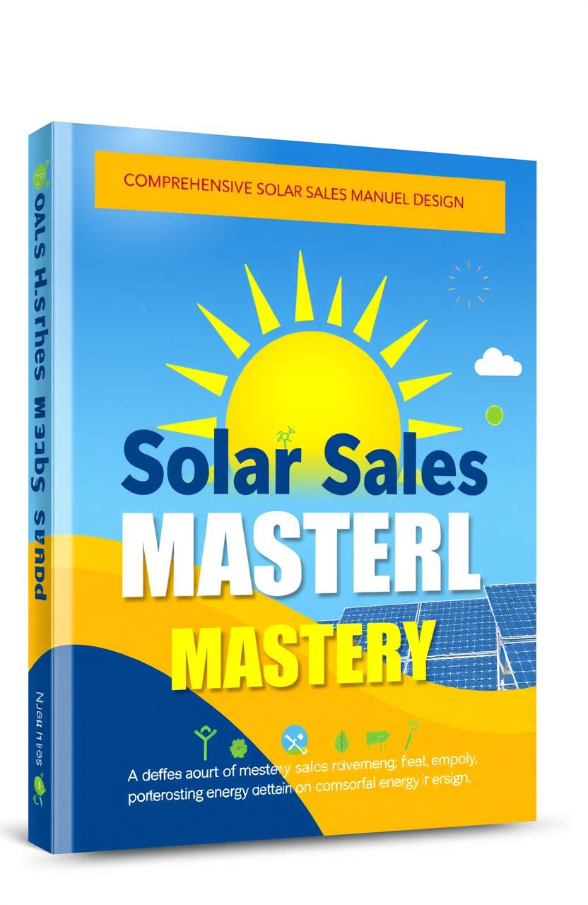 A comprehensive solar sales manual design cover, featuring a modern, sleek layout with an eye-catching sun graphic representing solar energy