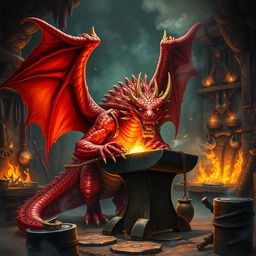 A powerful red dragon blacksmith working at an anvil in a mystical forge