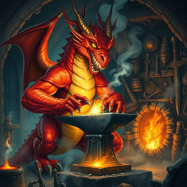 A powerful red dragon blacksmith working at an anvil in a mystical forge