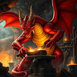 A powerful red dragon blacksmith working at an anvil in a mystical forge