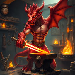 A humanoid red dragon blacksmith standing in a mystical forge, showcasing a blend of dragon and human features