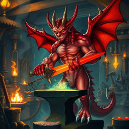 A humanoid red dragon blacksmith standing in a mystical forge, showcasing a blend of dragon and human features