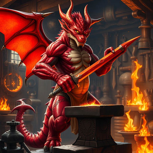 A humanoid red dragon blacksmith standing in a mystical forge, showcasing a blend of dragon and human features