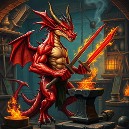 A humanoid red dragon blacksmith standing in a mystical forge, showcasing a blend of dragon and human features